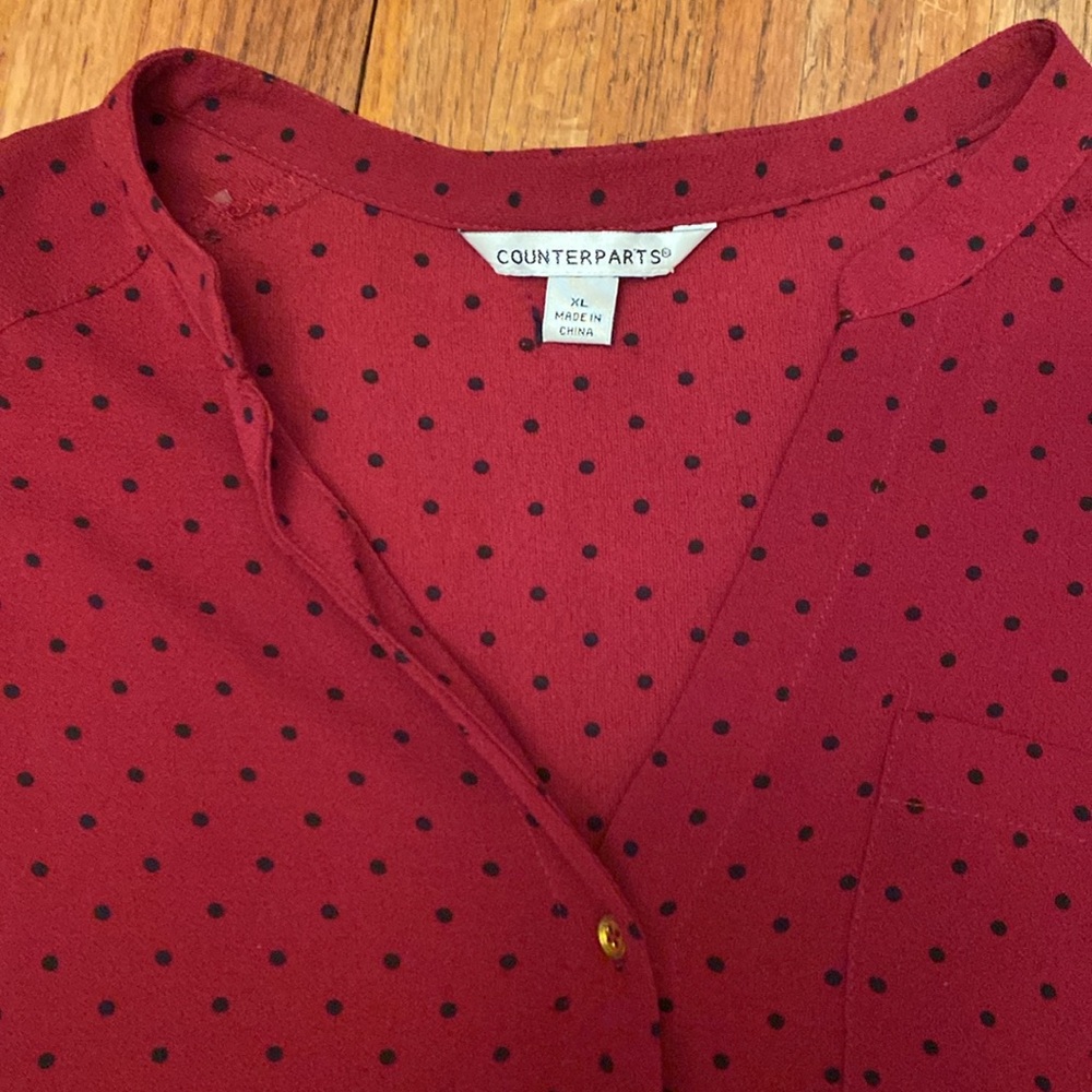 Counterpart size, extra large, deep, cherry red with black dots